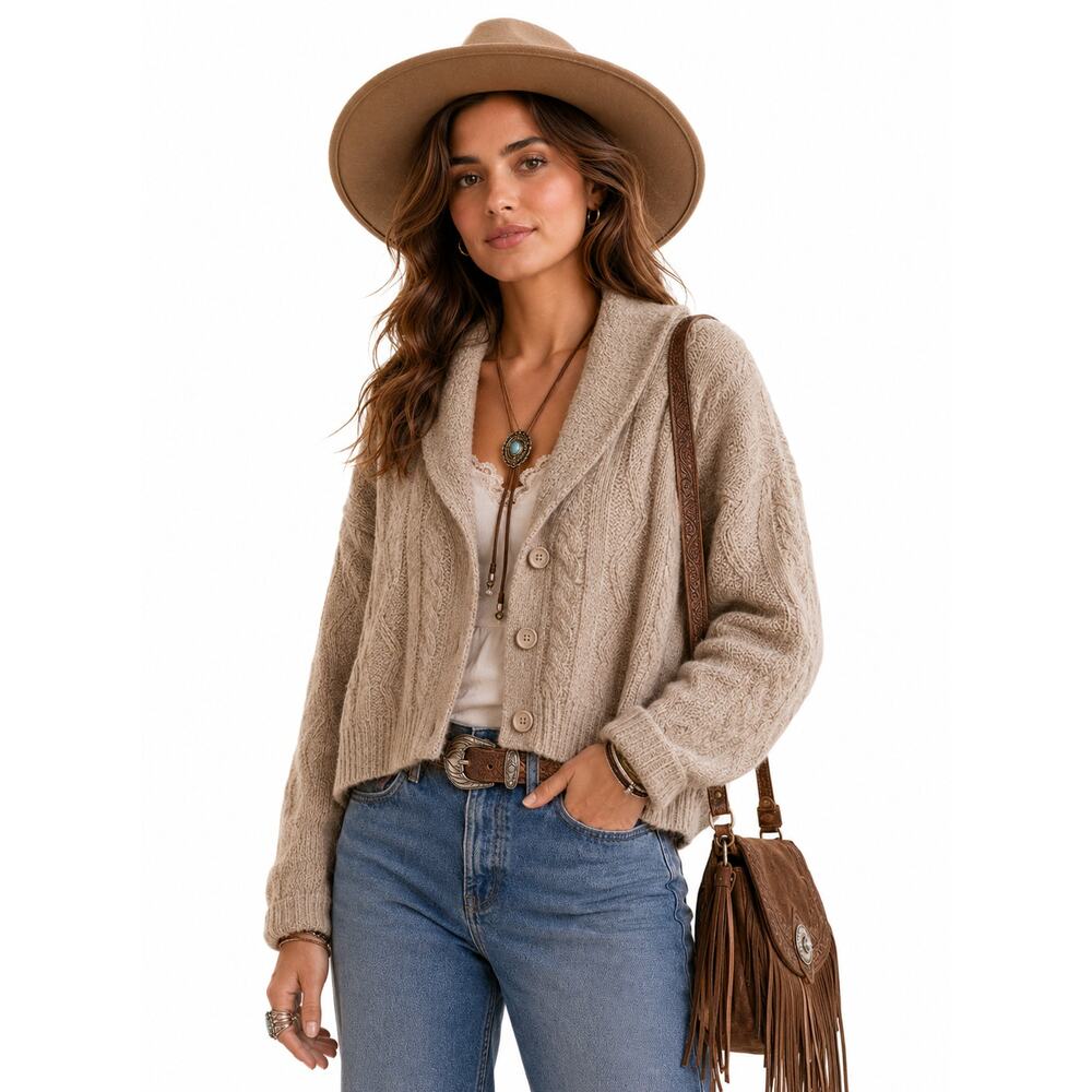 Anthropologie Pilcro Boho Western Cable Knit Cardigan Sweater 2X Oversized Beige